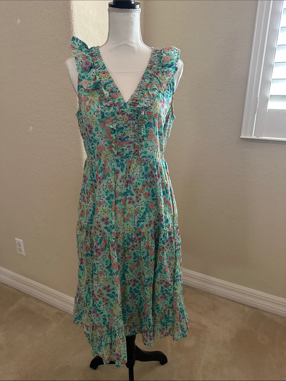 J. Crew Mint Floral Ruffle V-Neck Midi Dress 10P
